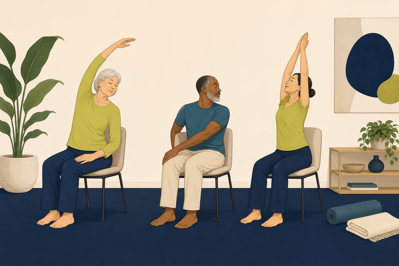 Editorial cover illustration about what is chair yoga.