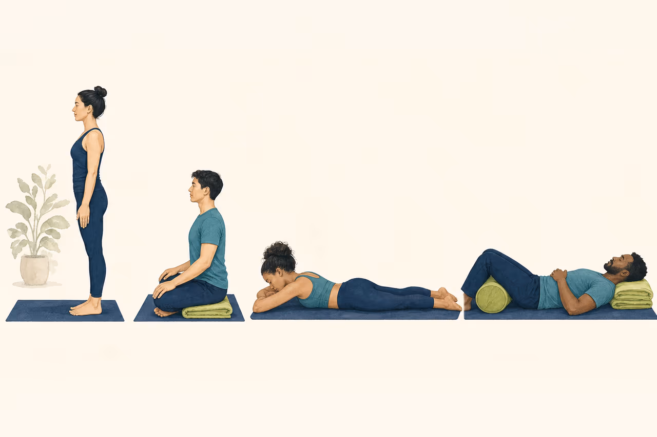 Editorial illustration about standing seated prone and supine yoga terms.