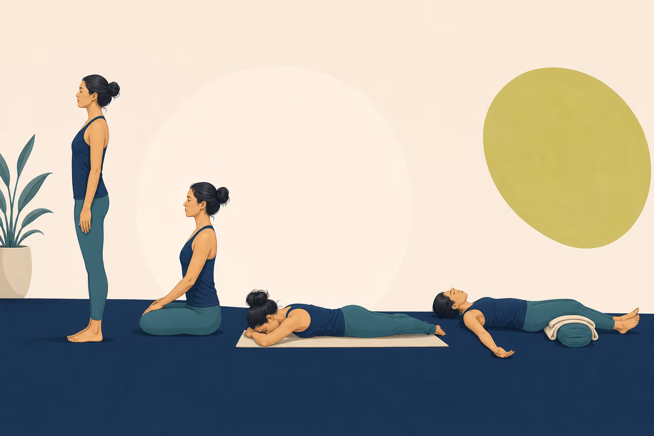 Editorial cover illustration about standing seated prone and supine yoga terms.