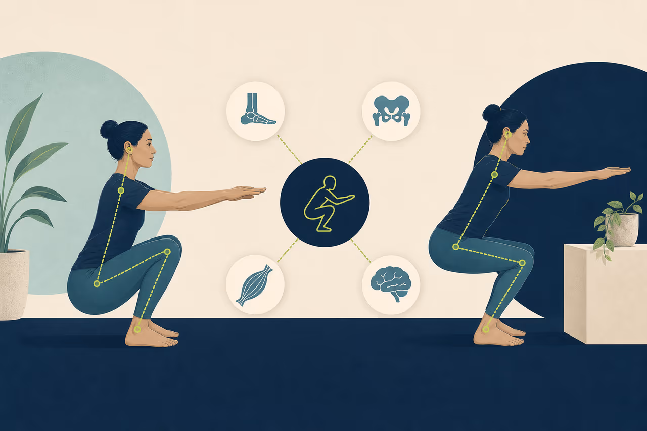 Editorial cover illustration about why squat depth is not only about mobility.