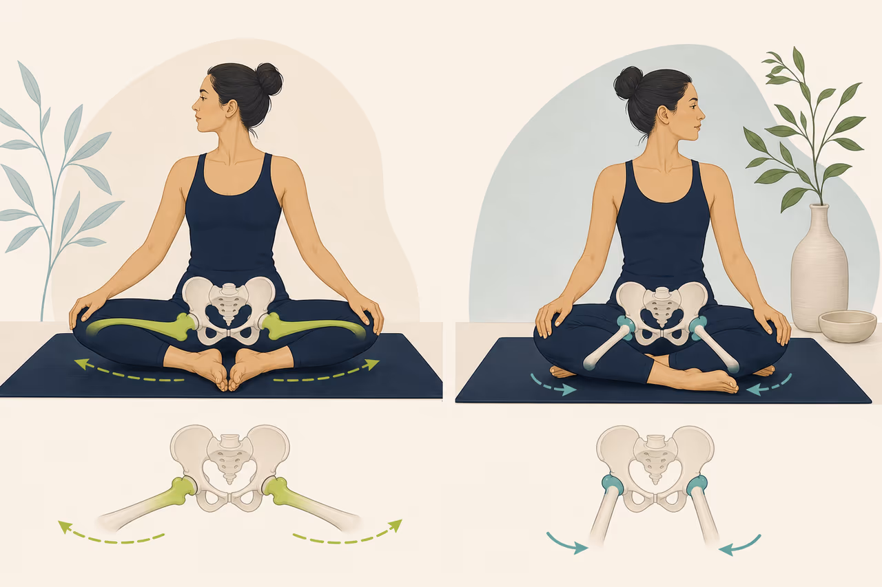Editorial illustration about open hip vs closed hip yoga terminology.