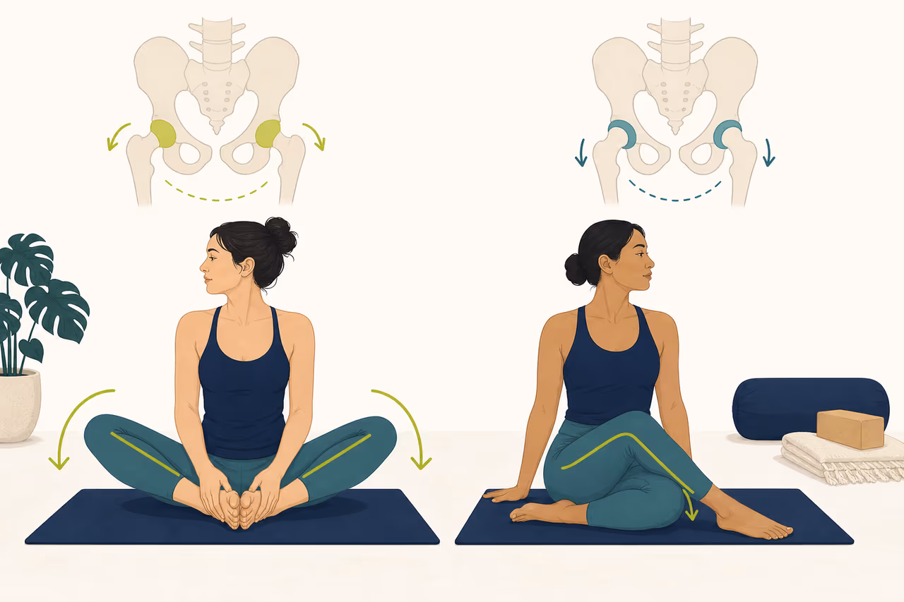 Editorial cover illustration about open hip vs closed hip yoga terminology.