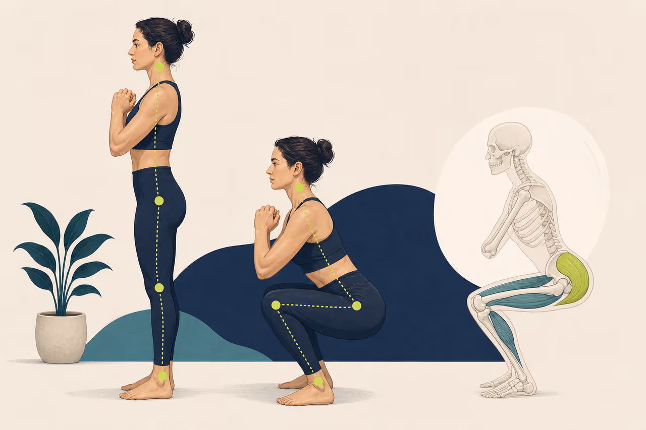 Editorial cover illustration about the squat movement pattern explained.