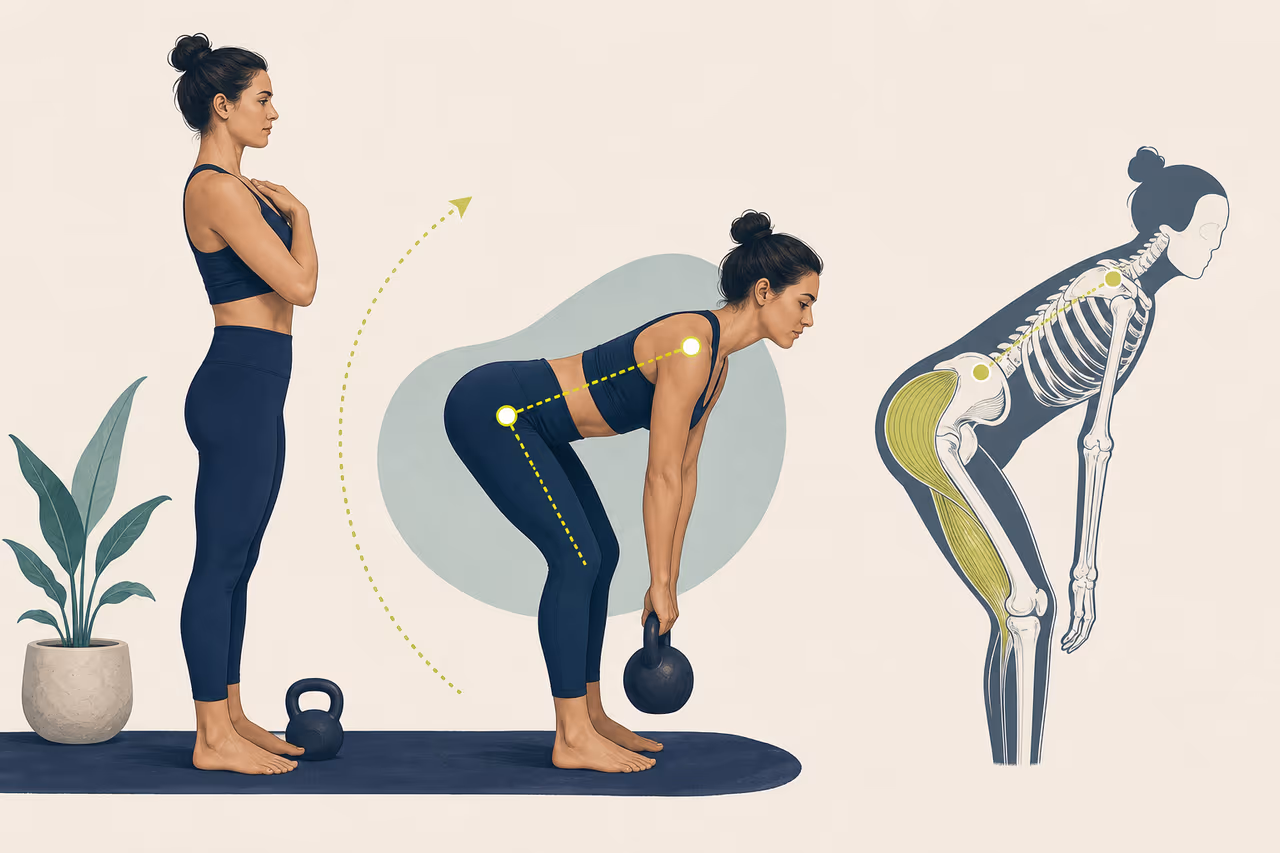 Editorial cover illustration about the hip hinge movement pattern explained.