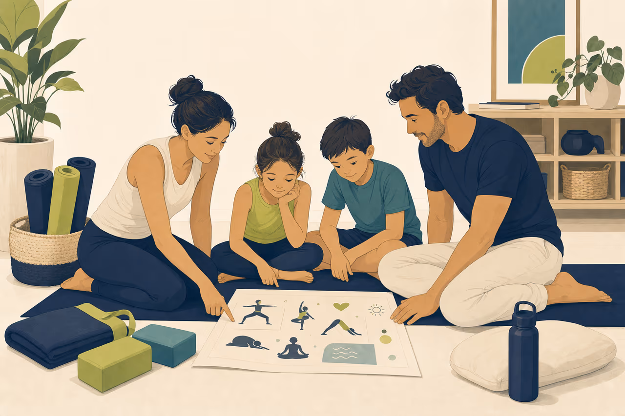 Editorial illustration about how to plan family yoga time.