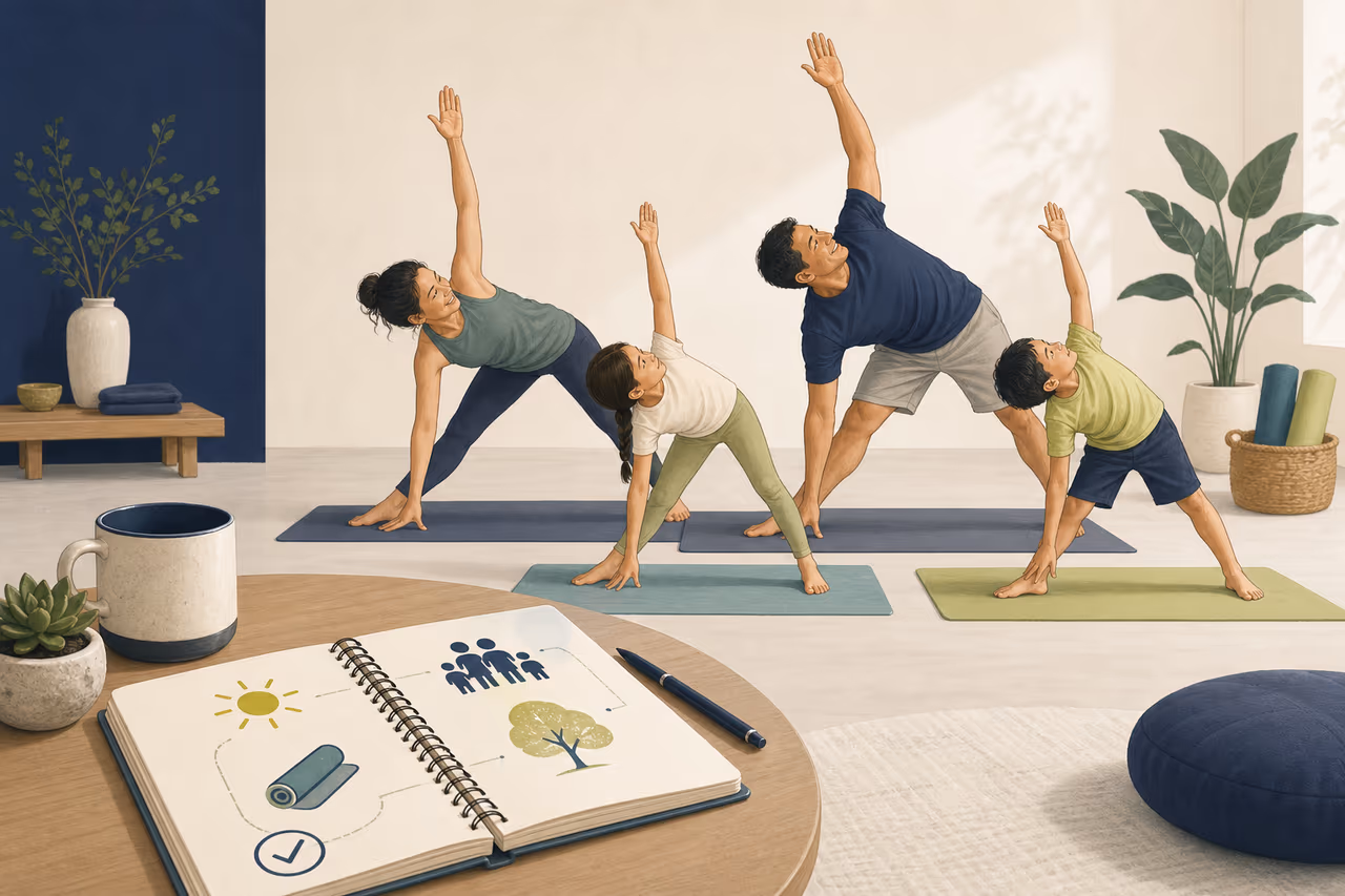 Editorial cover illustration about how to plan family yoga time.