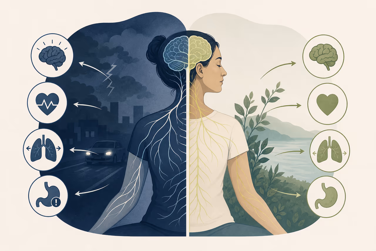 Editorial illustration about stress response vs relaxation response.