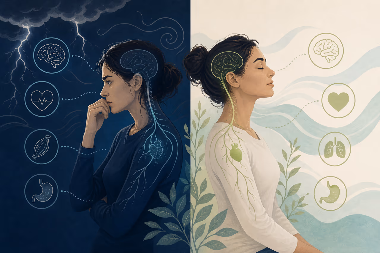 Editorial cover illustration about stress response vs relaxation response.
