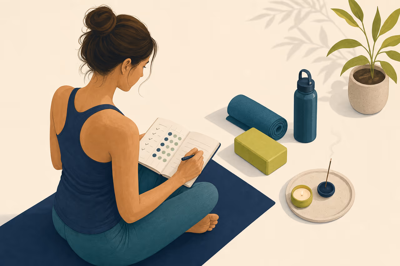 Editorial illustration about process goals for a consistent yoga practice.