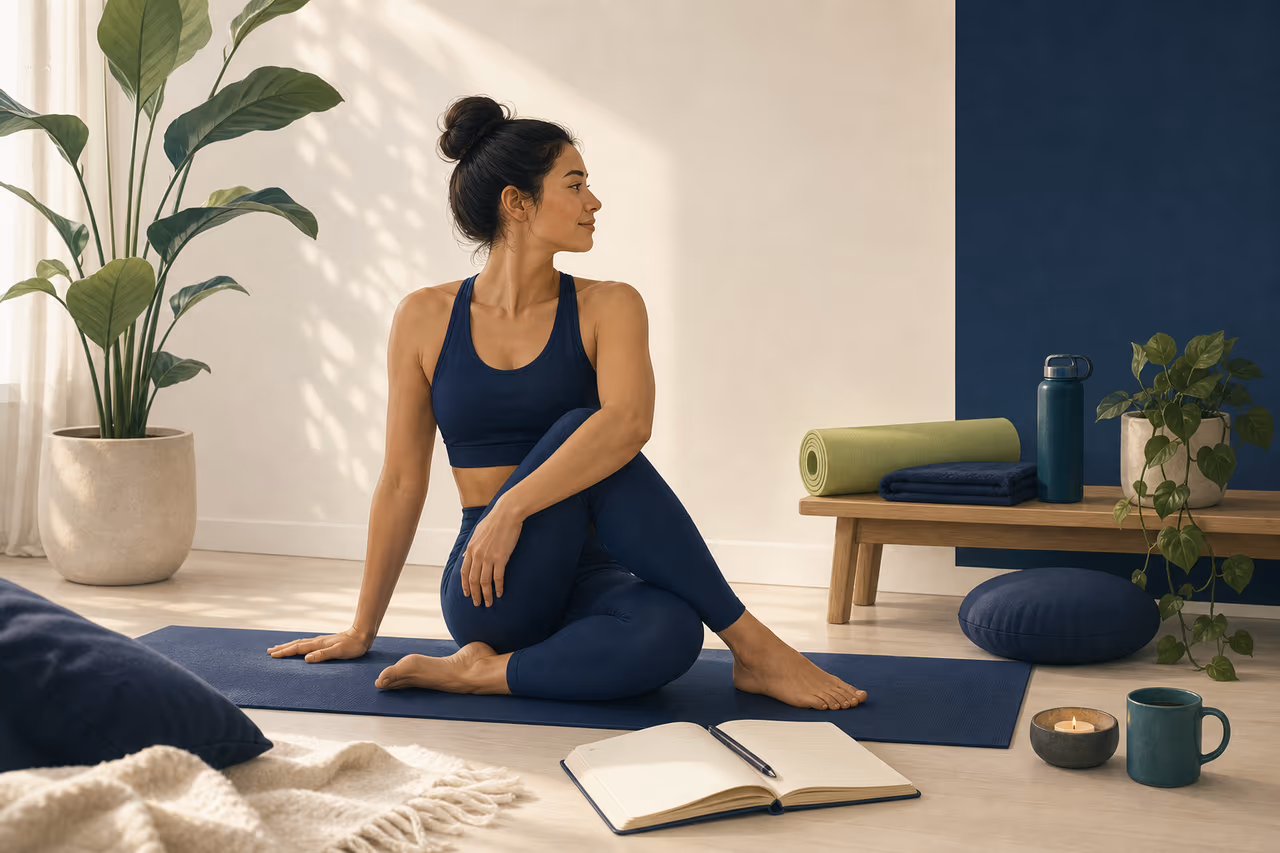 Editorial cover illustration about process goals for a consistent yoga practice.