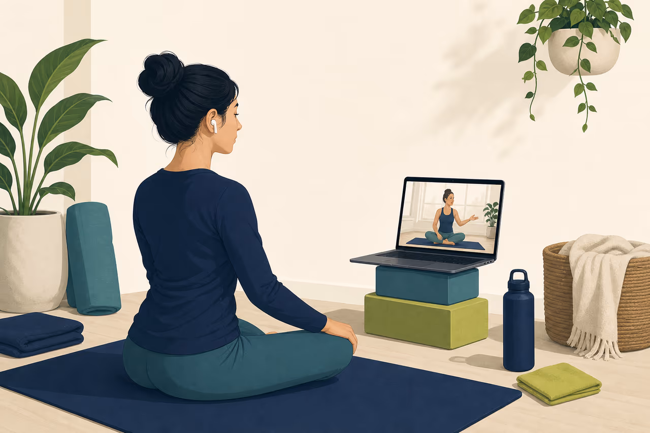 Editorial cover illustration about online yoga class etiquette for beginners.
