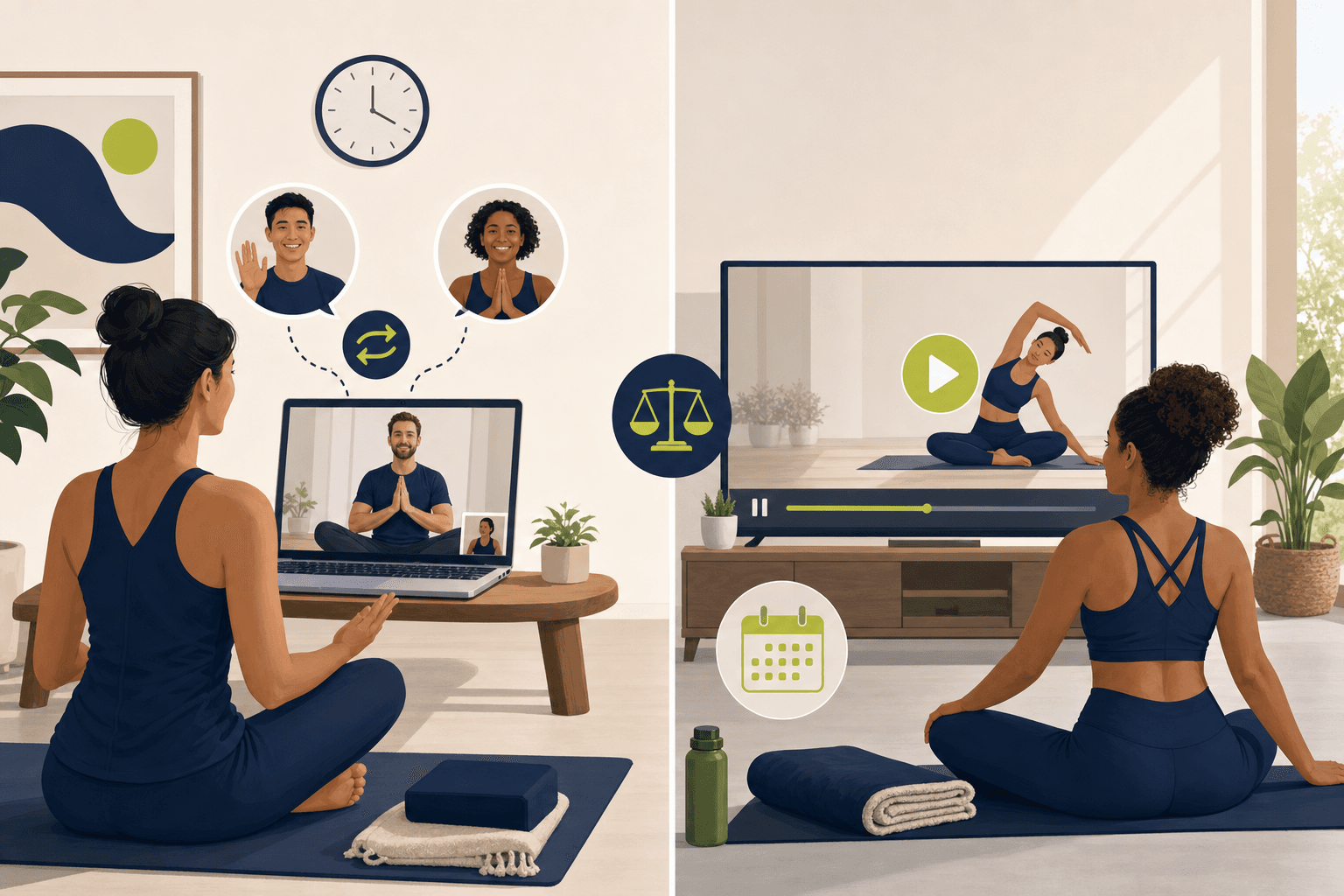 Comparison table diagram outlining the differences and similarities between live online yoga and recorded yoga programs across various factors.