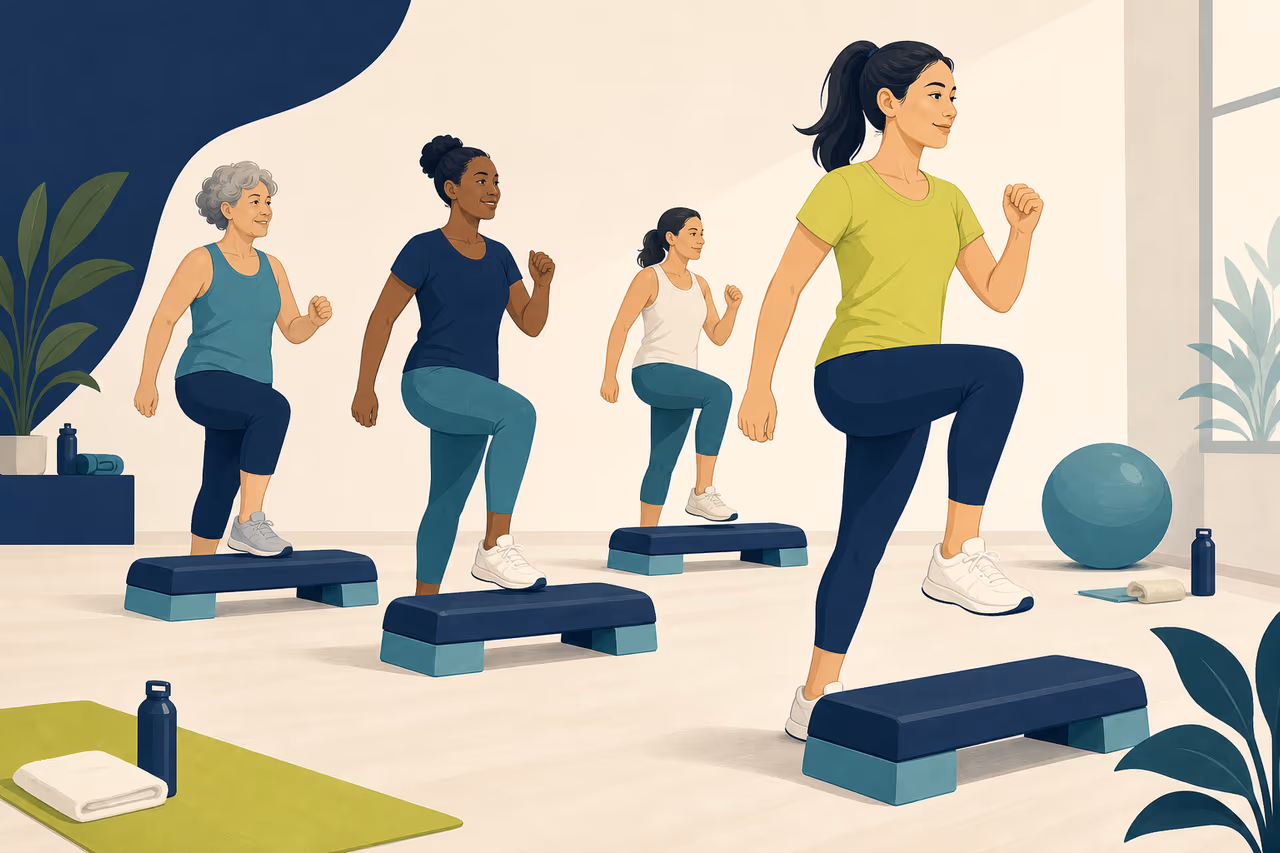 Editorial cover illustration about what to expect from a beginner step class.