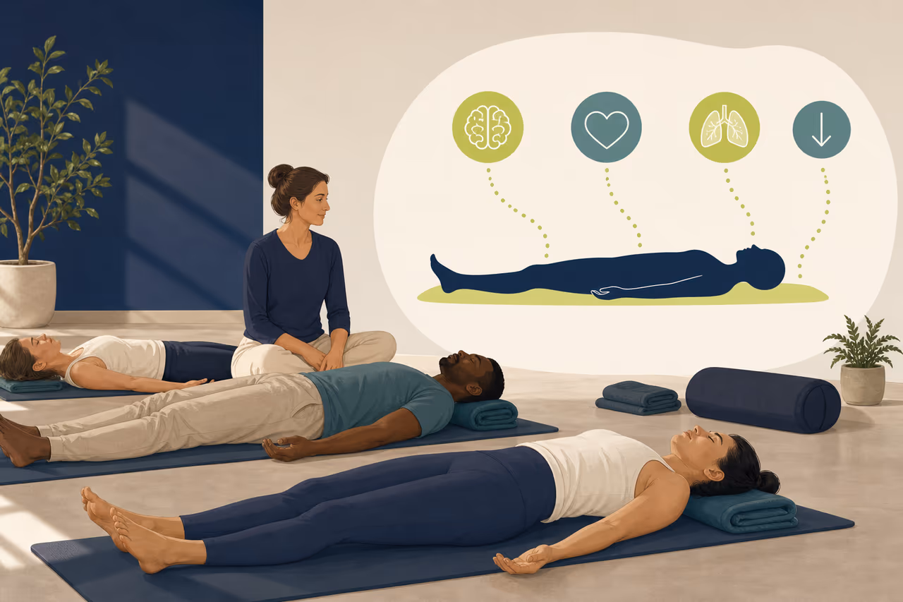 Editorial cover illustration about why yoga classes include savasana.