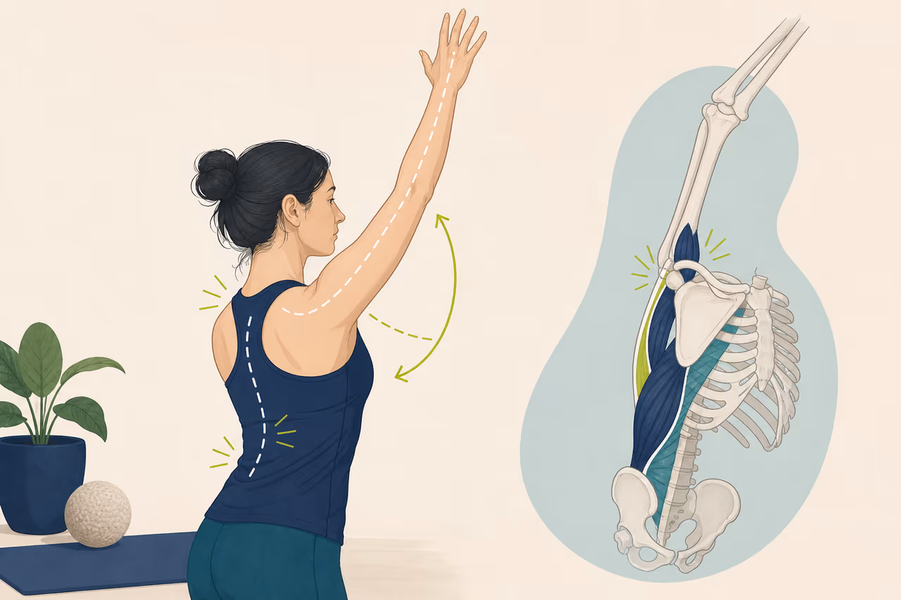 Editorial cover illustration about mobility and stability in overhead movement.