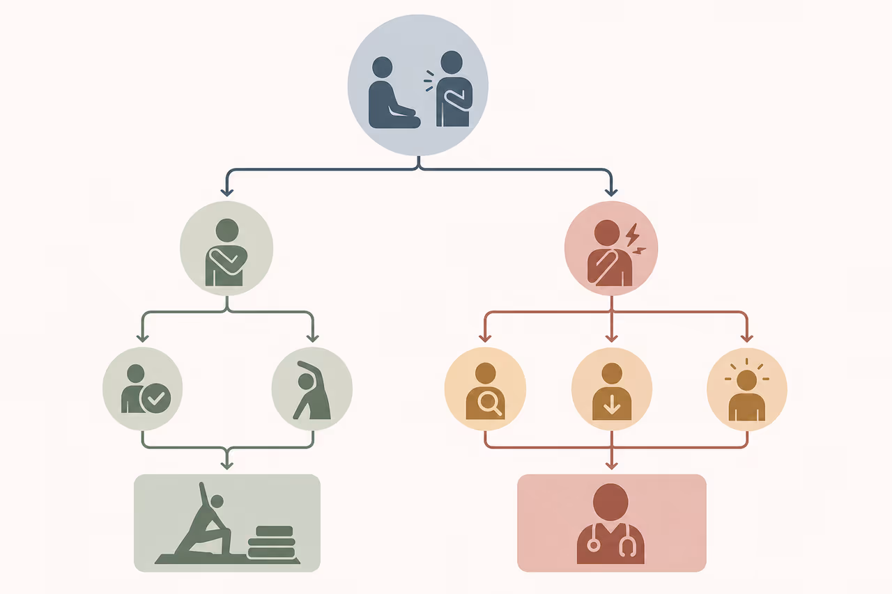 Decision diagram outlining when to offer yoga modifications versus referring a student to a healthcare professional.