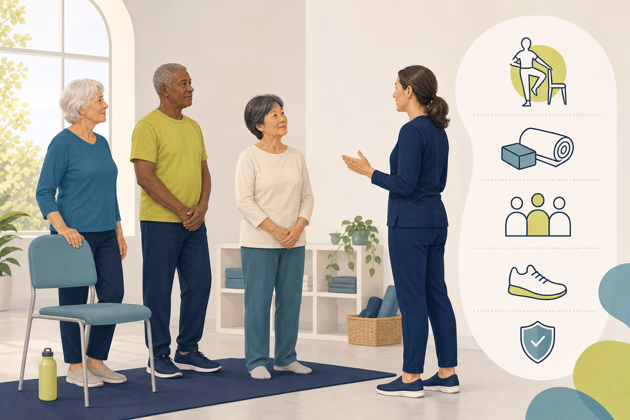 Editorial cover illustration about how older adults can choose balance classes.