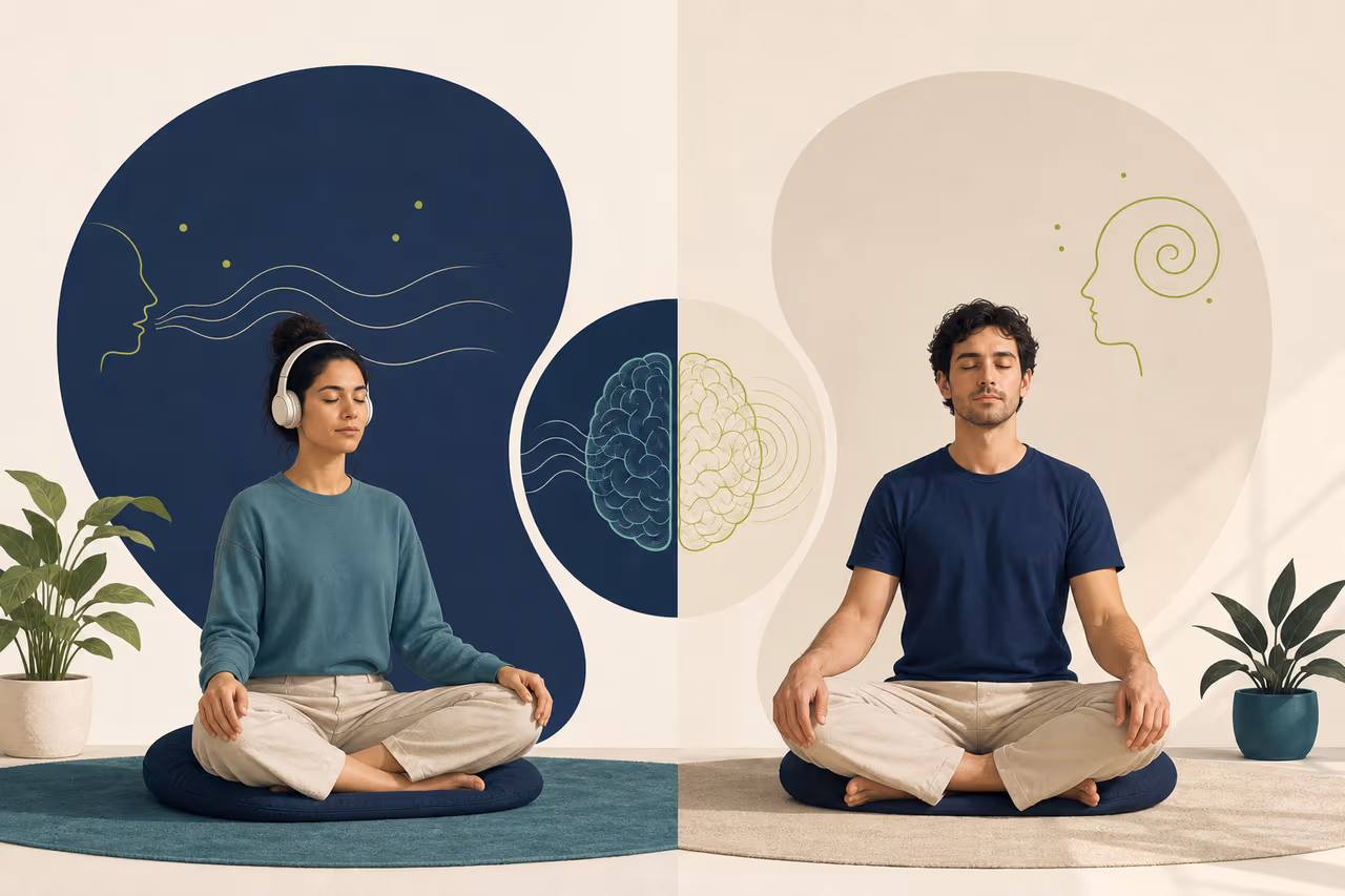 Editorial illustration about guided vs silent meditation.