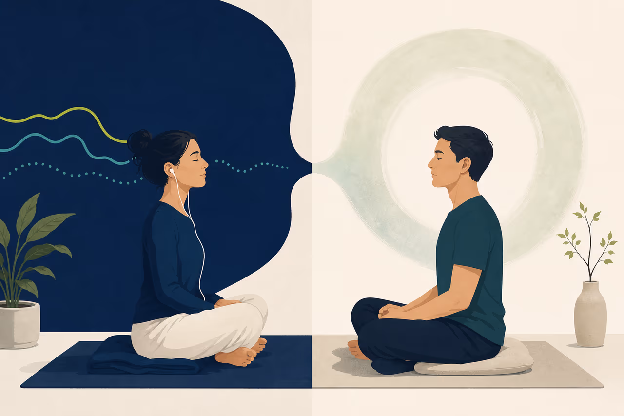 Editorial cover illustration about guided vs silent meditation.