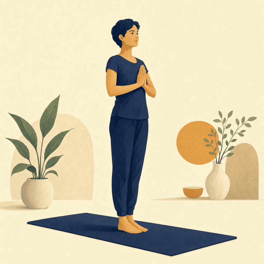 A practitioner standing steadily in Prayer Pose with palms at the chest.
