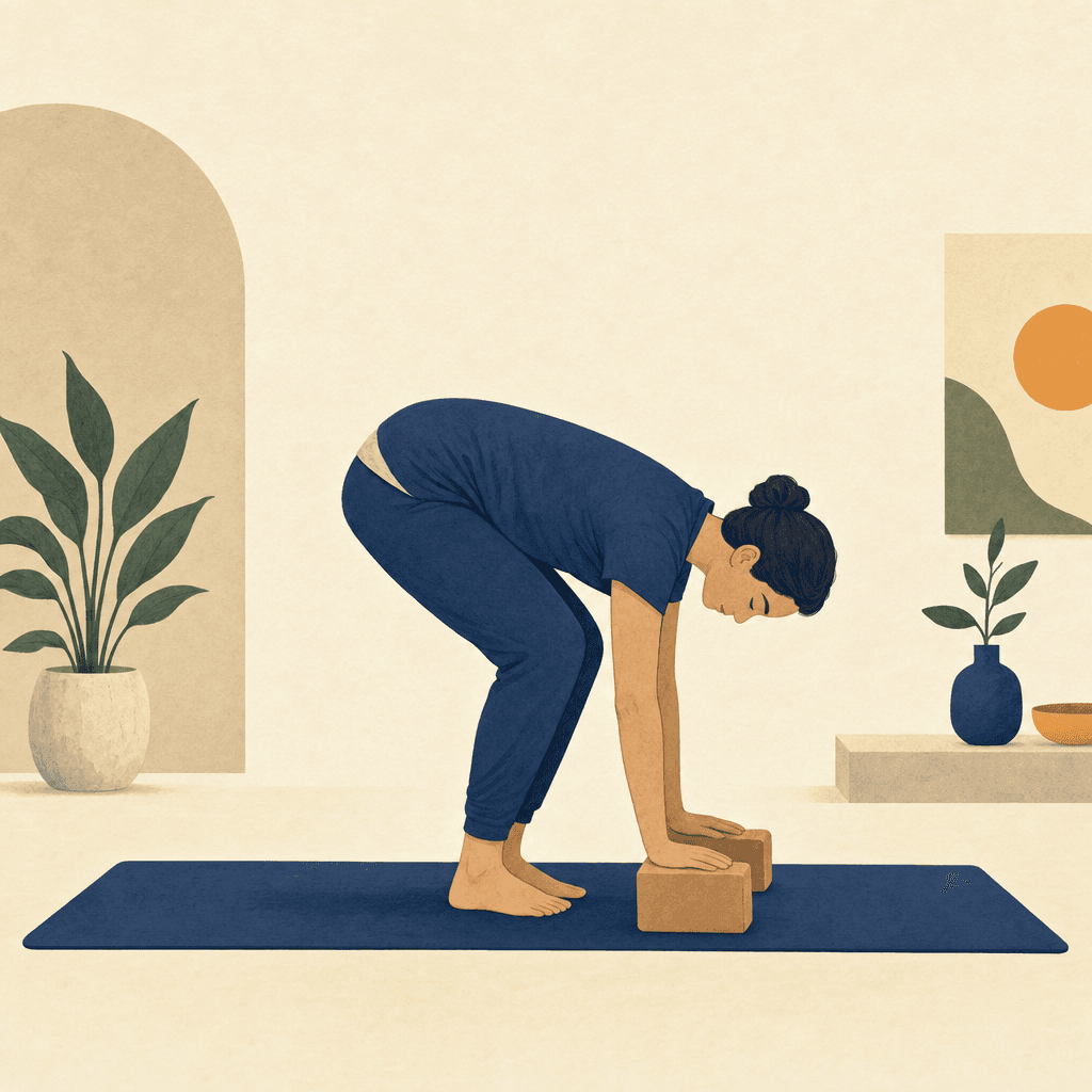 A practitioner returning to a supported forward fold with bent knees.