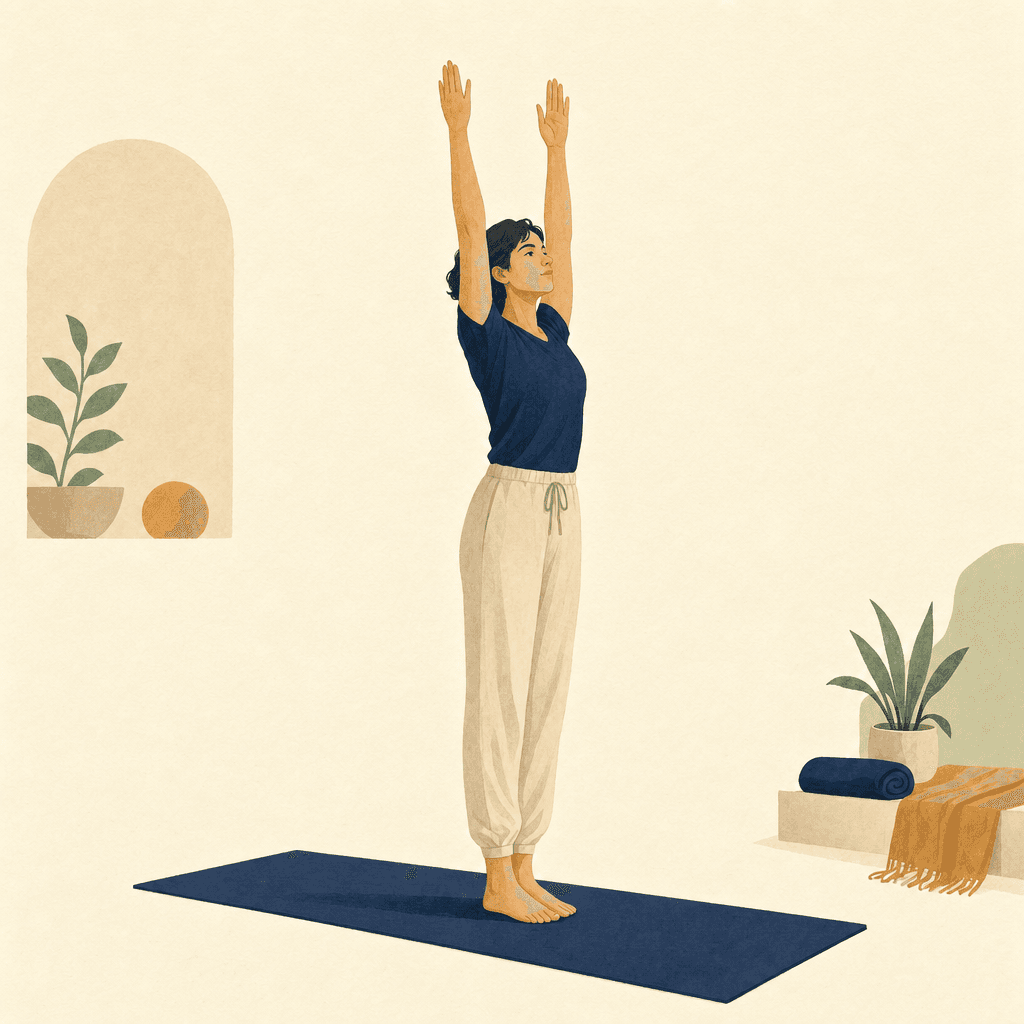 A practitioner rising into a gentle Raised Arms Pose.