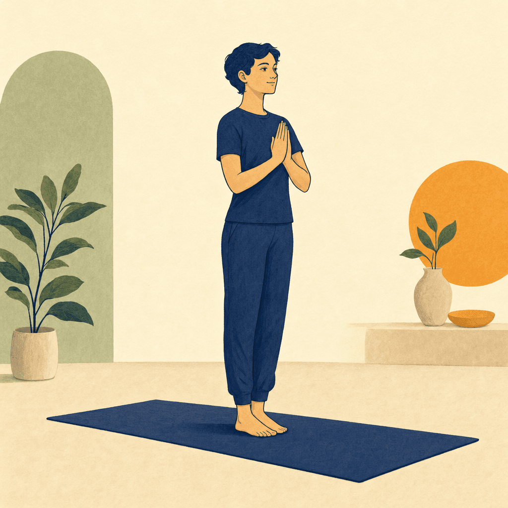 A practitioner completing the sequence in Prayer Pose.