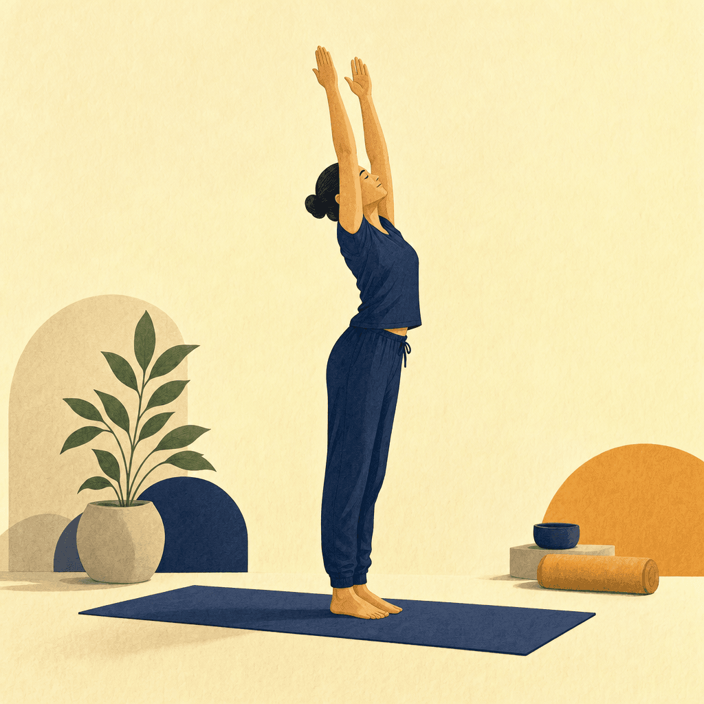 A practitioner reaching overhead in a gentle Raised Arms Pose.