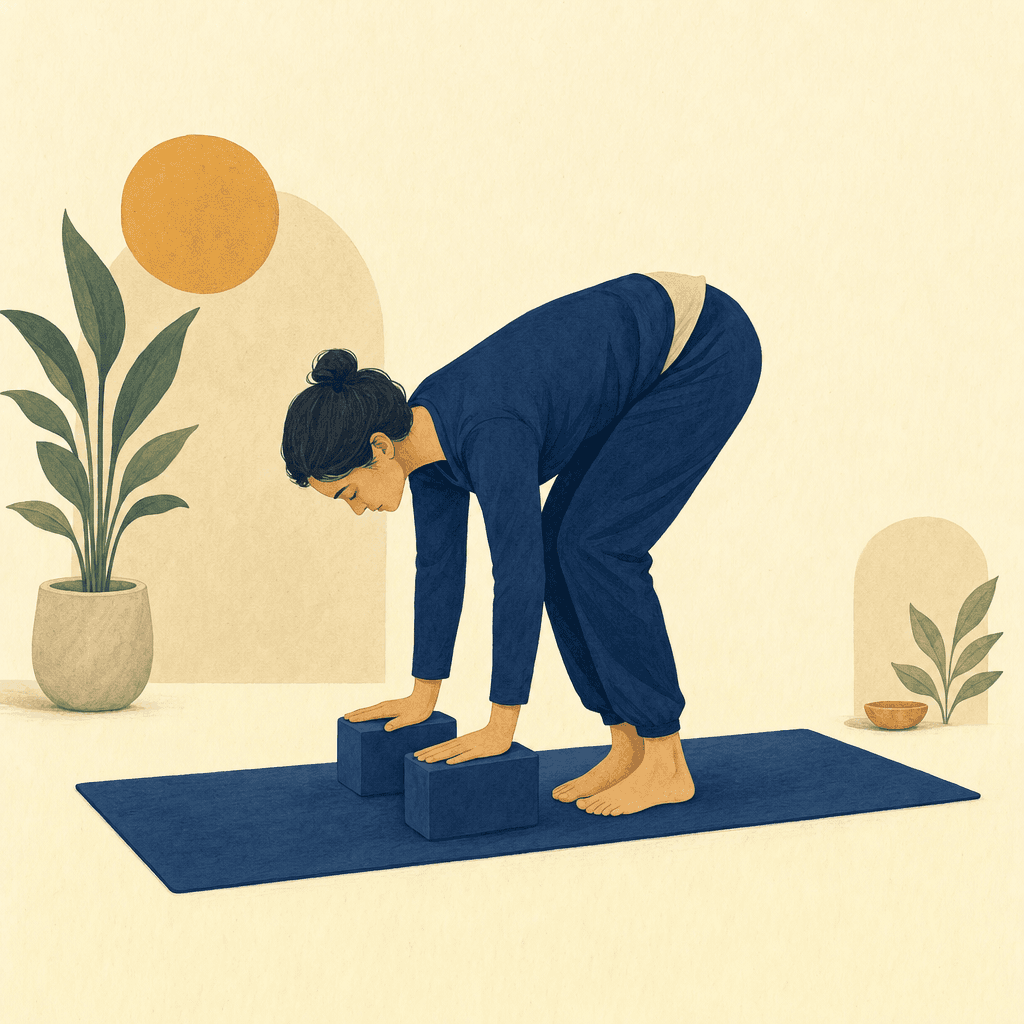 A practitioner in a supported standing forward fold with bent knees and blocks.