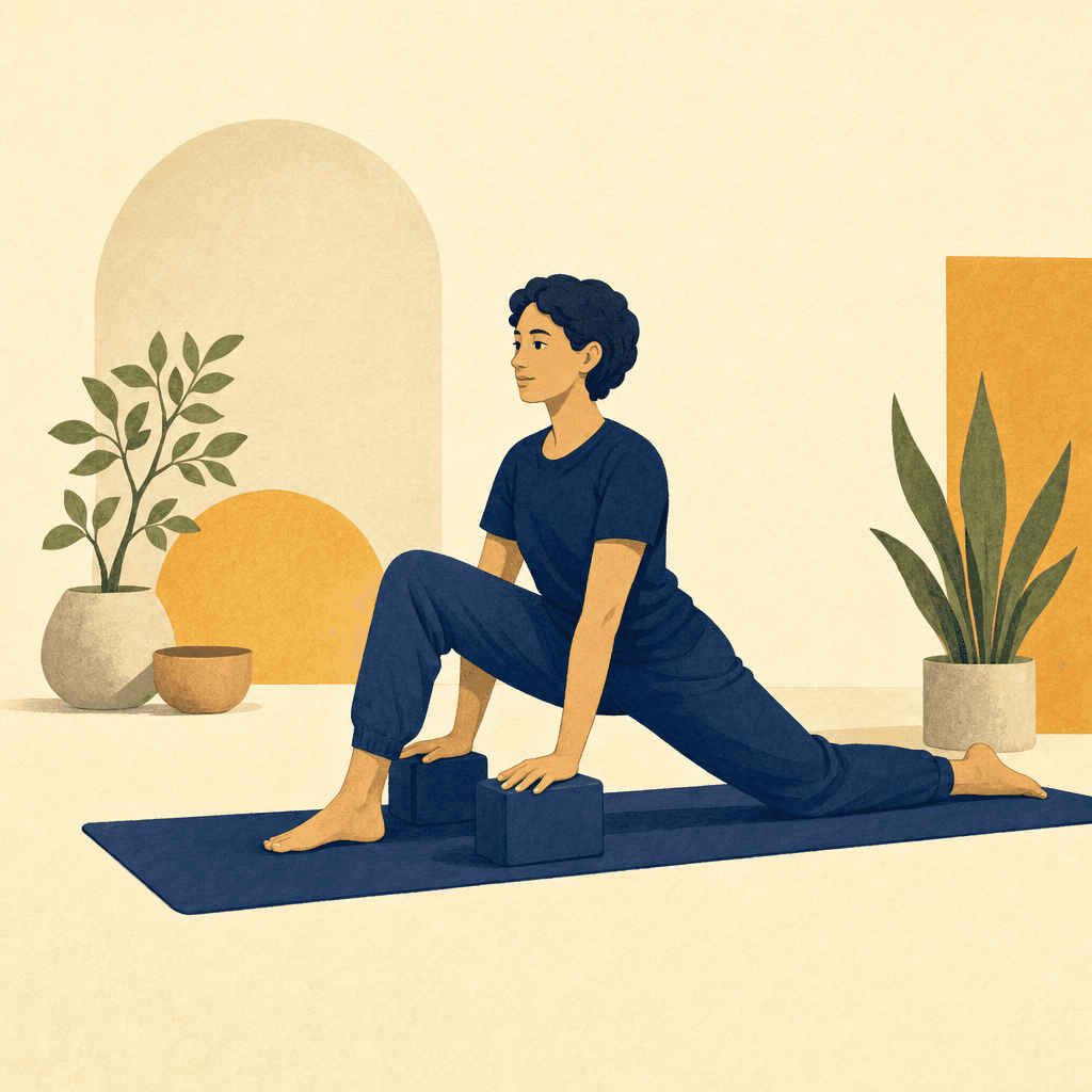 A practitioner in a supported low lunge with the right knee down.
