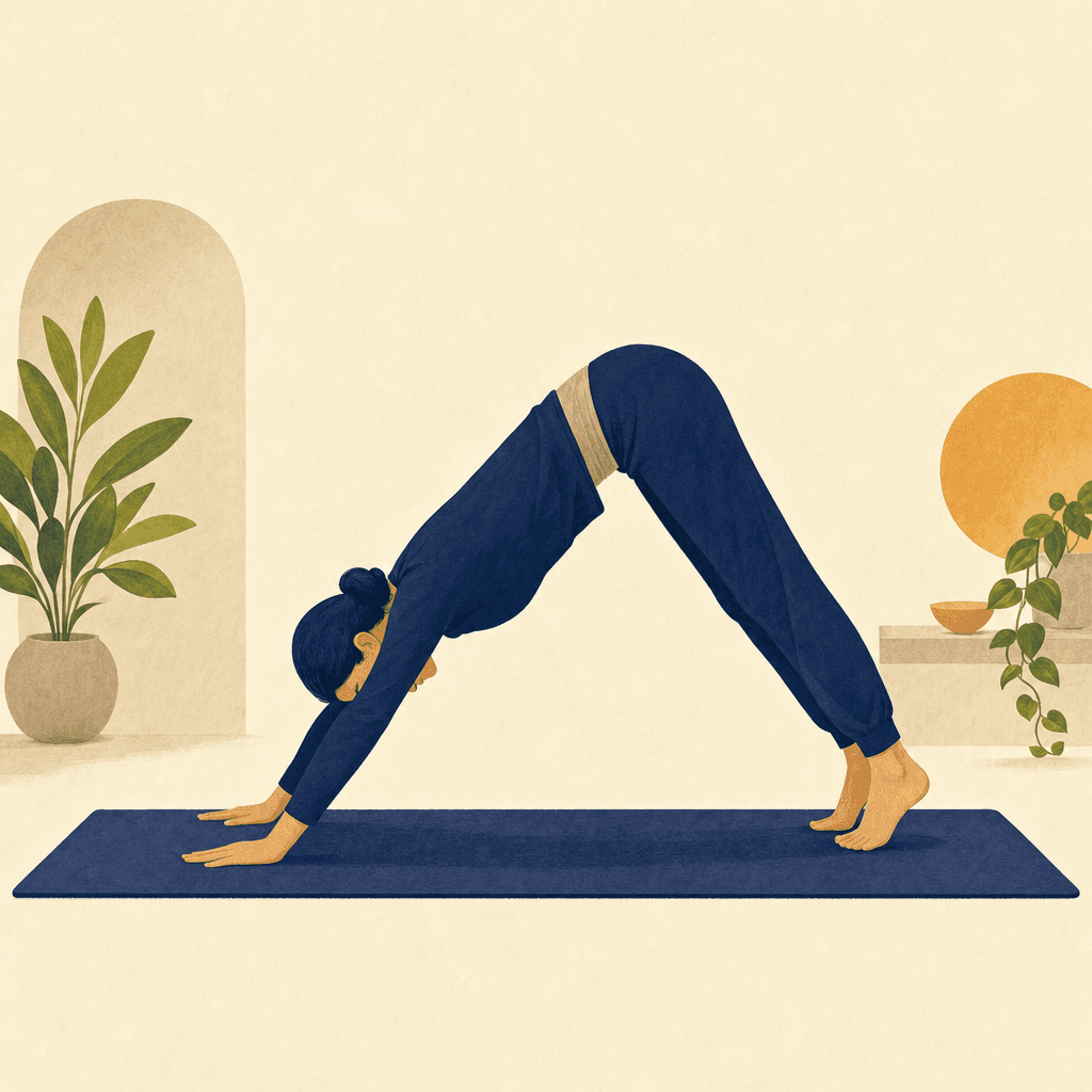 A practitioner in Mountain Pose with bent knees and a long back.