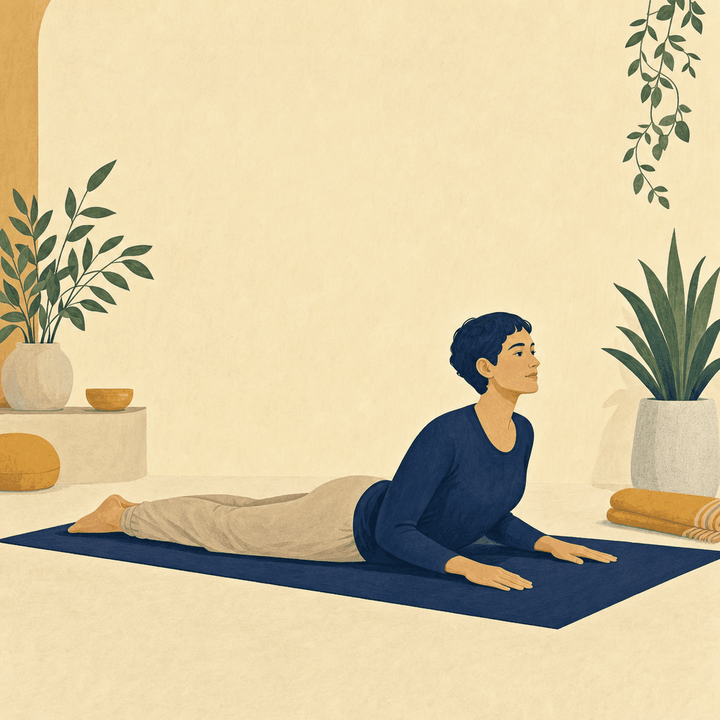 A practitioner in a low Cobra Pose with bent elbows.
