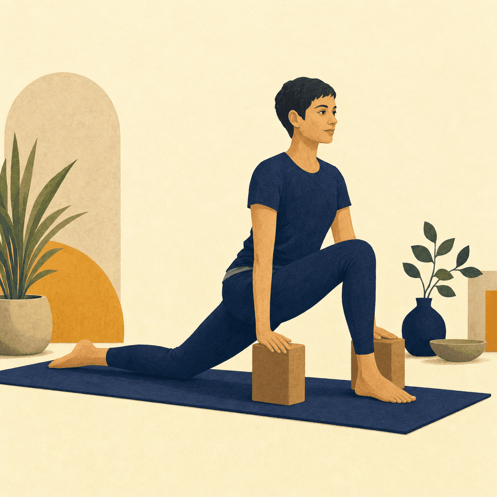 A practitioner in a supported low lunge with the left knee down.