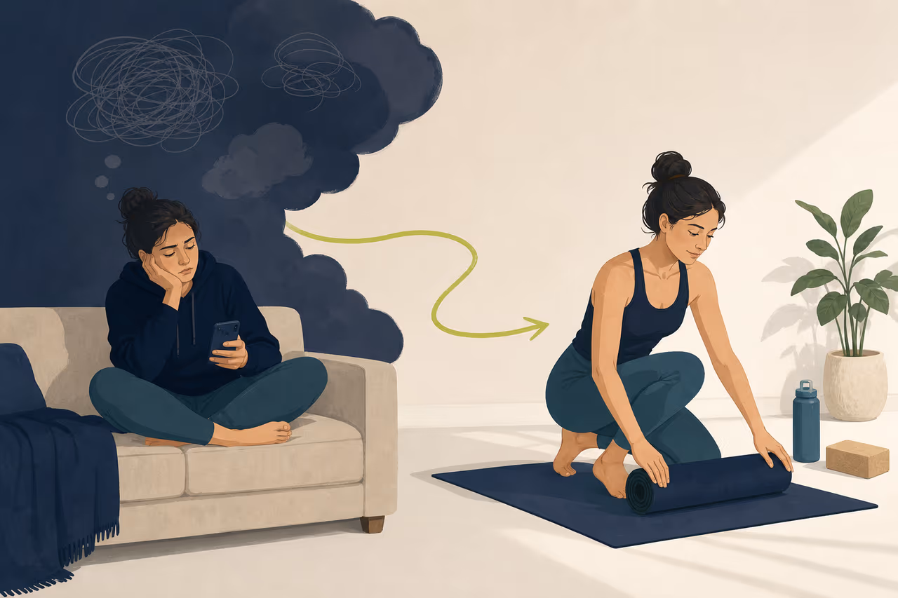 Editorial illustration about what to do when yoga motivation disappears.