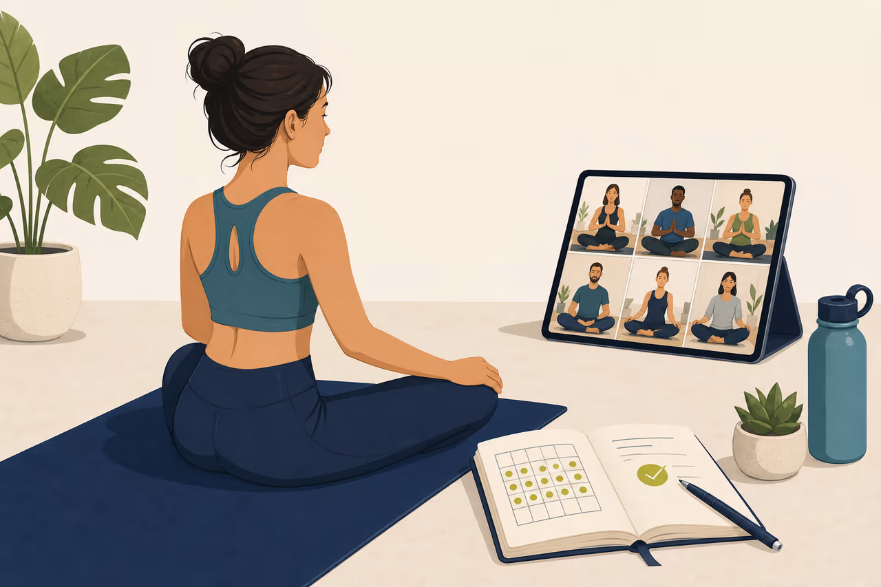 Editorial illustration about accountability ideas for yoga practice.