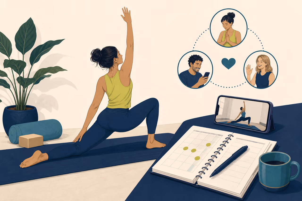 Editorial cover illustration about accountability ideas for yoga practice.