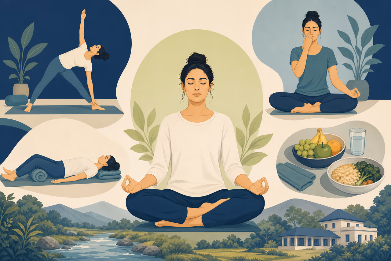 Editorial cover illustration about what is Sivananda yoga.