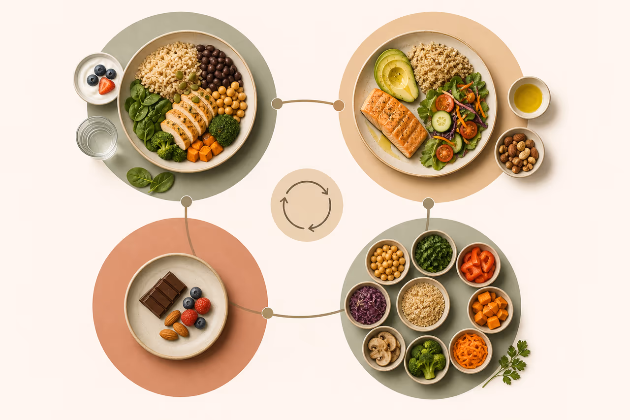 A diagram illustrating the four pillars of a healthy diet: adequacy, balance, moderation, and diversity.