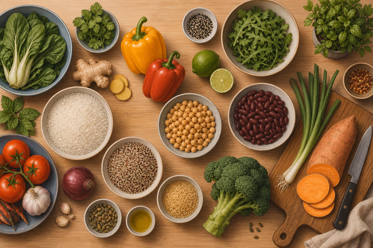 An artistic flat-lay illustration of fresh, simple meal ingredients on a wooden counter.