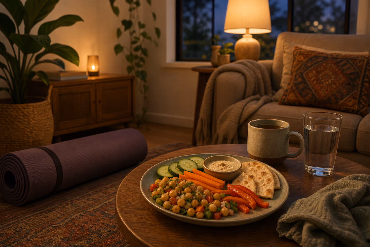 A calm evening setting with a rolled yoga mat and a simple, balanced snack plate.