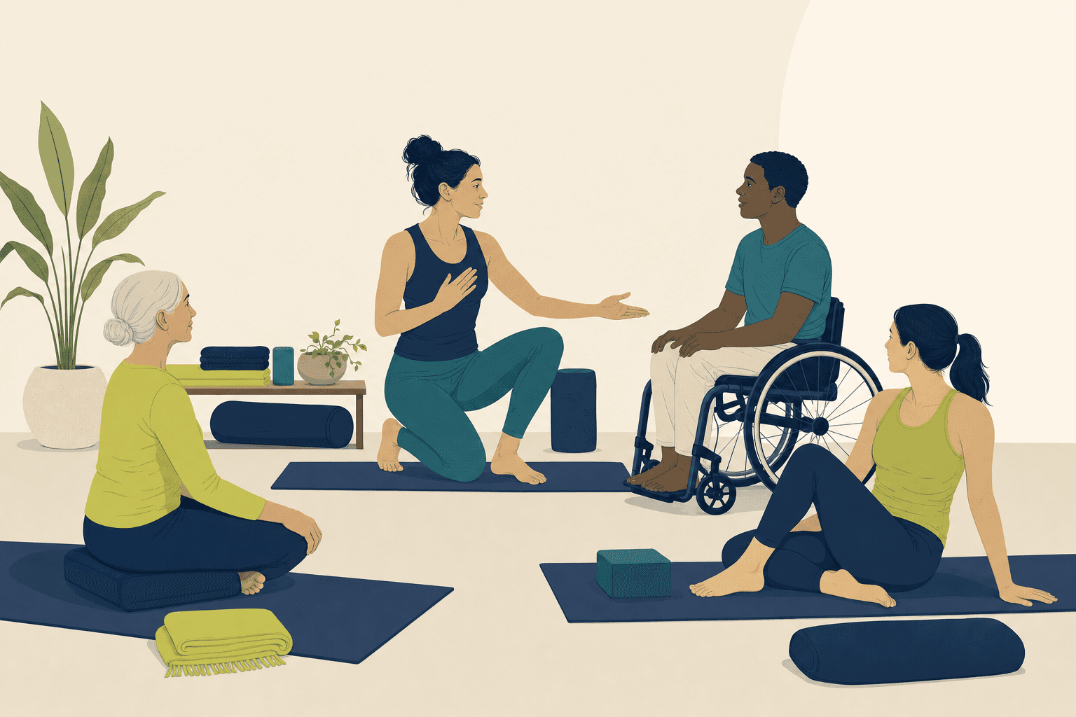 Editorial illustration about signs of an inclusive yoga teacher.
