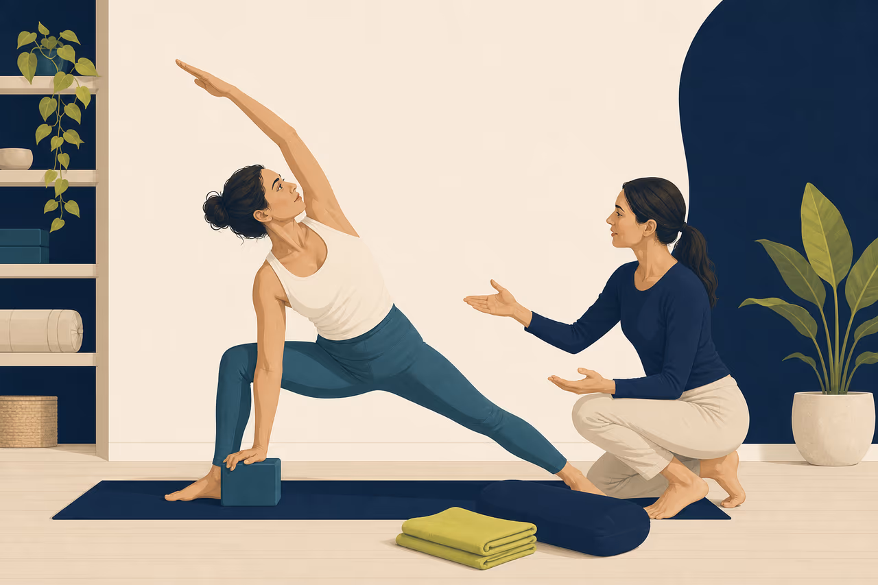 Editorial illustration about when to ask a yoga teacher for another option.