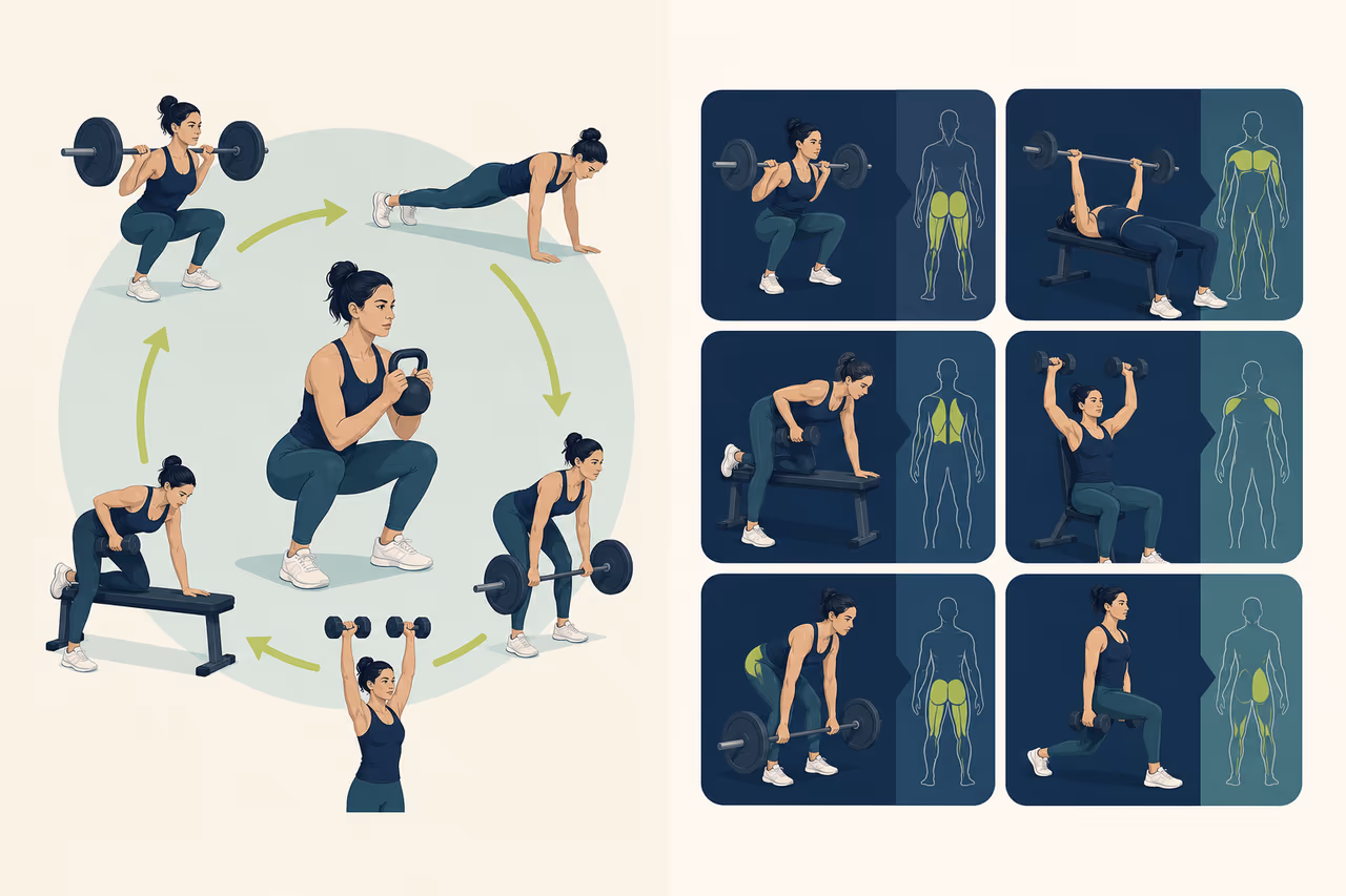 Editorial illustration about full body vs split strength routines.
