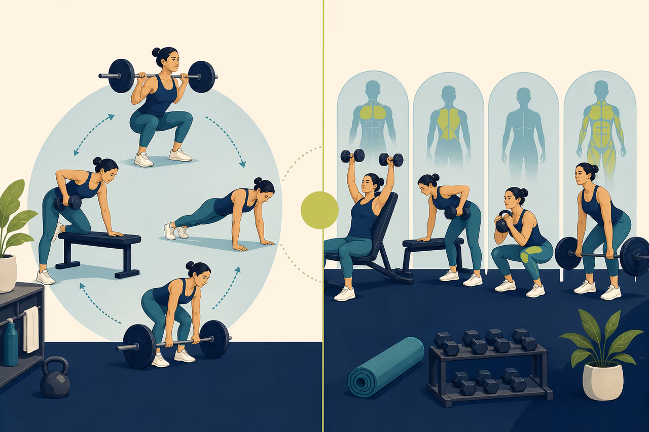Editorial cover illustration about full body vs split strength routines.