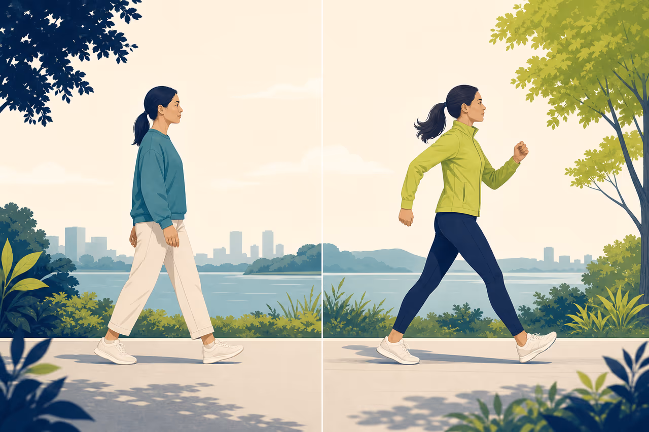 Editorial cover illustration about brisk walking vs casual walking.