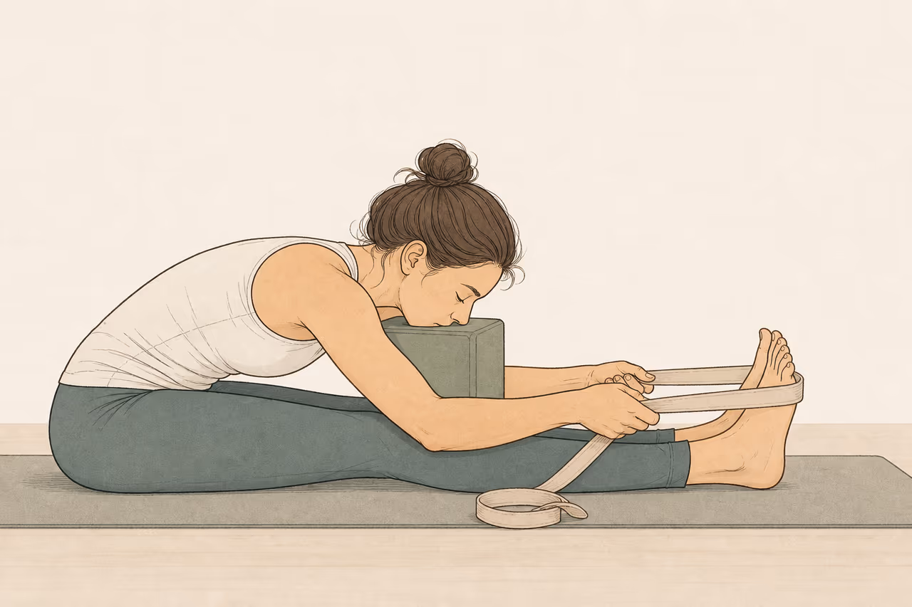 Illustration of a yoga practitioner using a strap in a seated forward fold