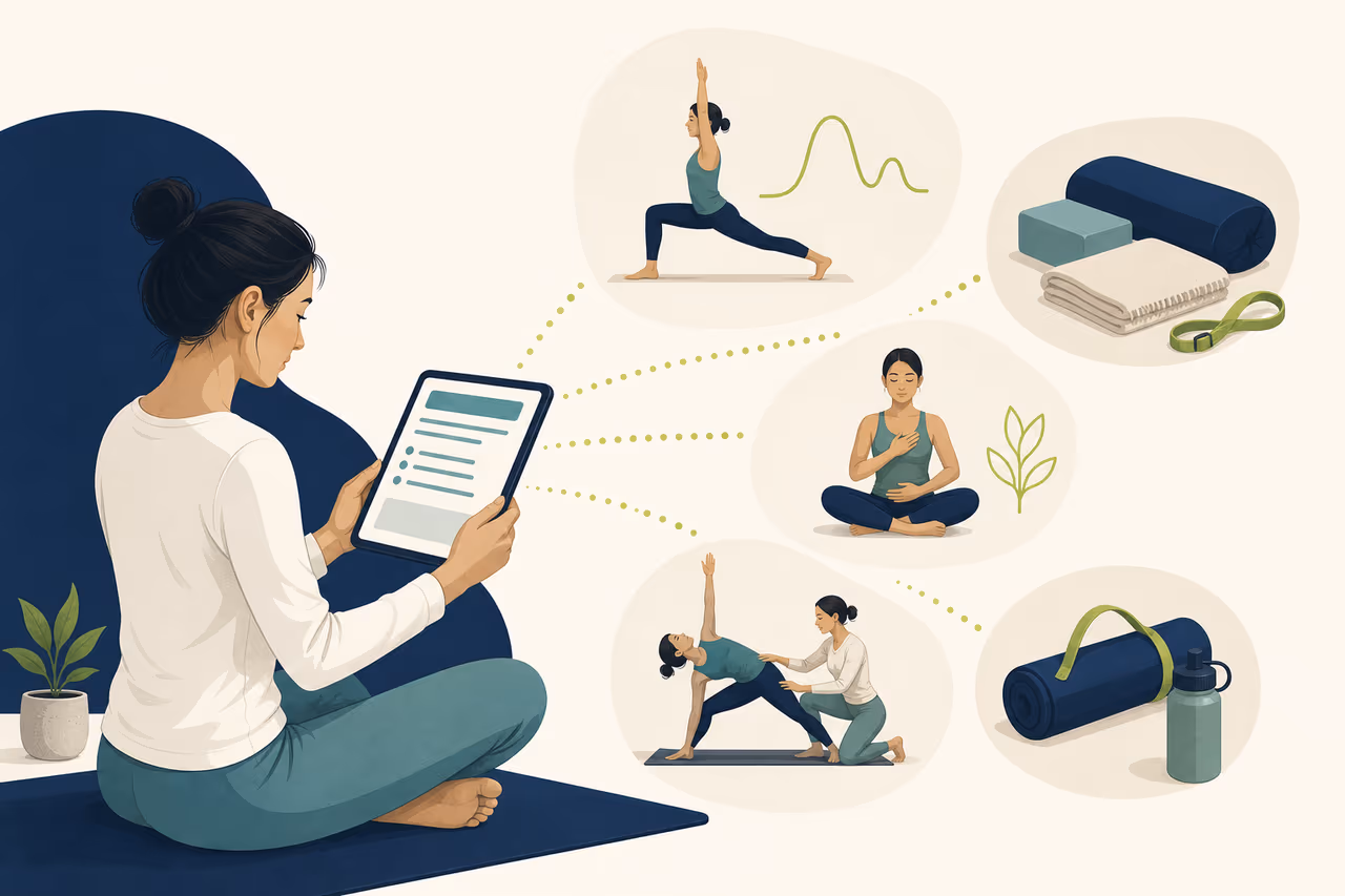 Editorial illustration about how to read a yoga class description.