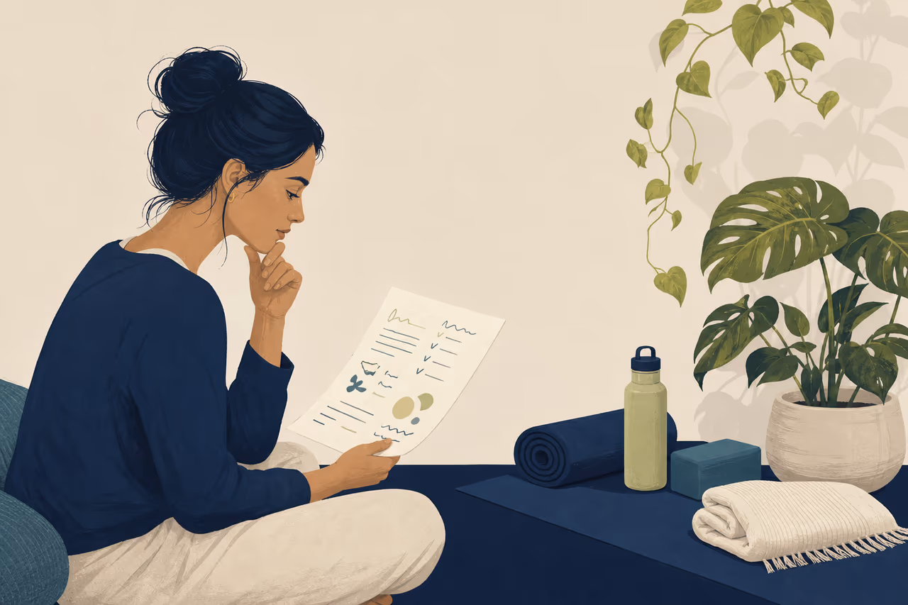 Editorial cover illustration about how to read a yoga class description.