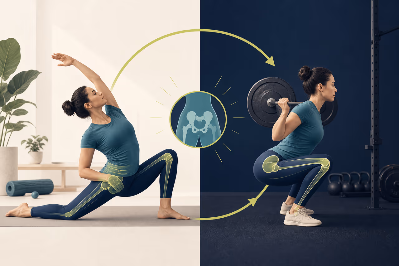 Editorial cover illustration about how mobility complements strength training.