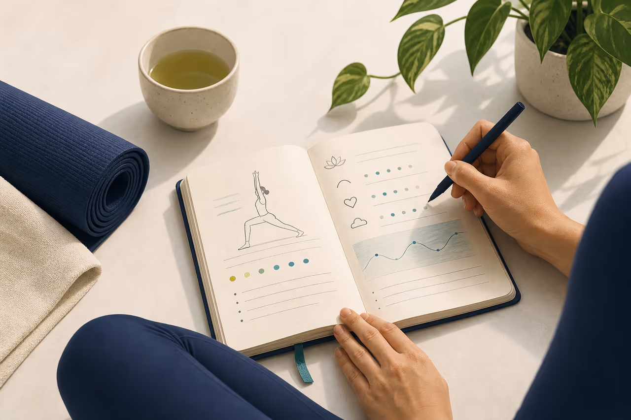 Editorial cover illustration about how to keep a useful yoga journal.